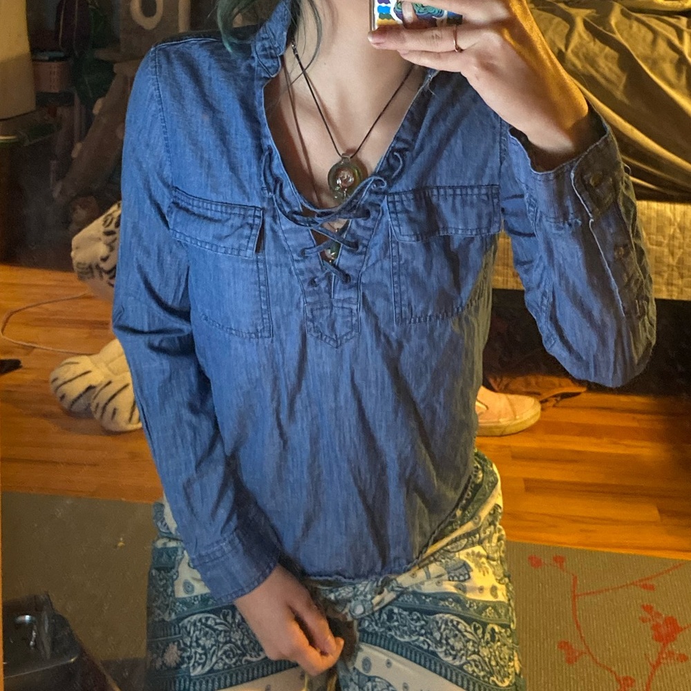 denim long sleeve tie up shirt